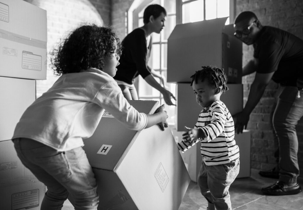 family unpacking together in new place