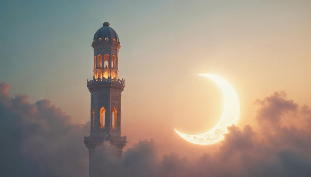 Minaret au coucher du soleil avec nuage de croissant de lune